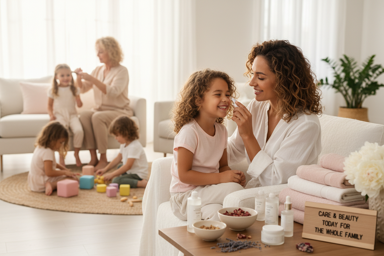 Genera una imagen que tenga el signifique Cuidado y Belleza hoy para toda la familia en especial para la mujer